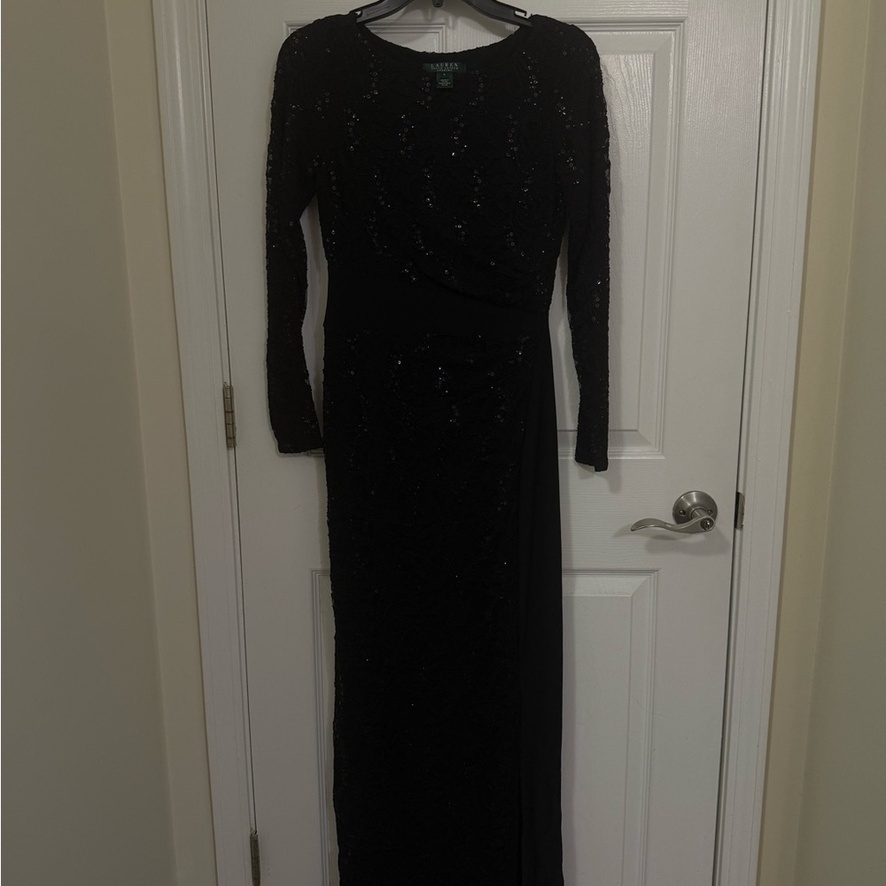 Lauren Ralph Lauren Black Scoop Neck Long Sleeve Gown